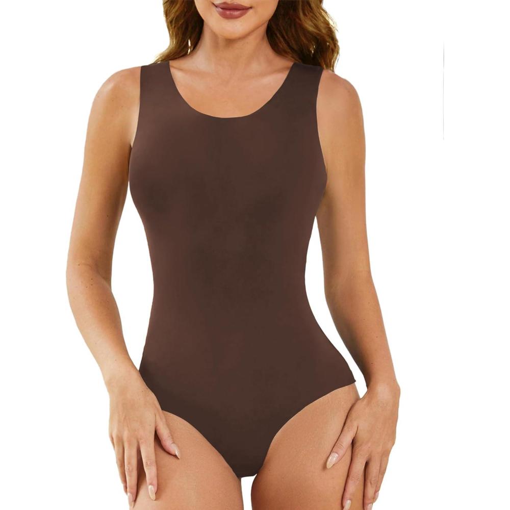 image:imageZaclotre Tank Top Bodysuit for Women Sleeveless Scoop Neck One Piece Jumpsuit Womens Basic Body SuitsBrown