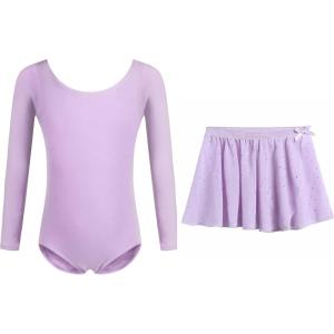 Zaclotre Girls 2PCS Long Sleeve Skirted Leotards with Glitter Tutu Skirt Dance Dress Purple