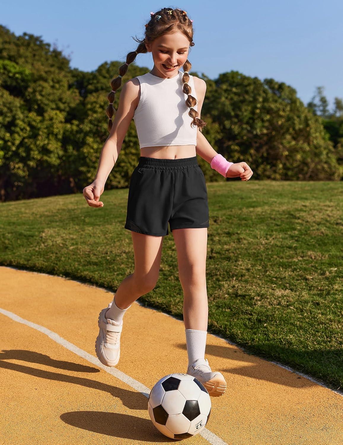 image:imageZaclotre Girls Athletic Shorts with Zipper Pockets High Waisted Running Shorts with Liner for Kids Active Sports SoccerBlack