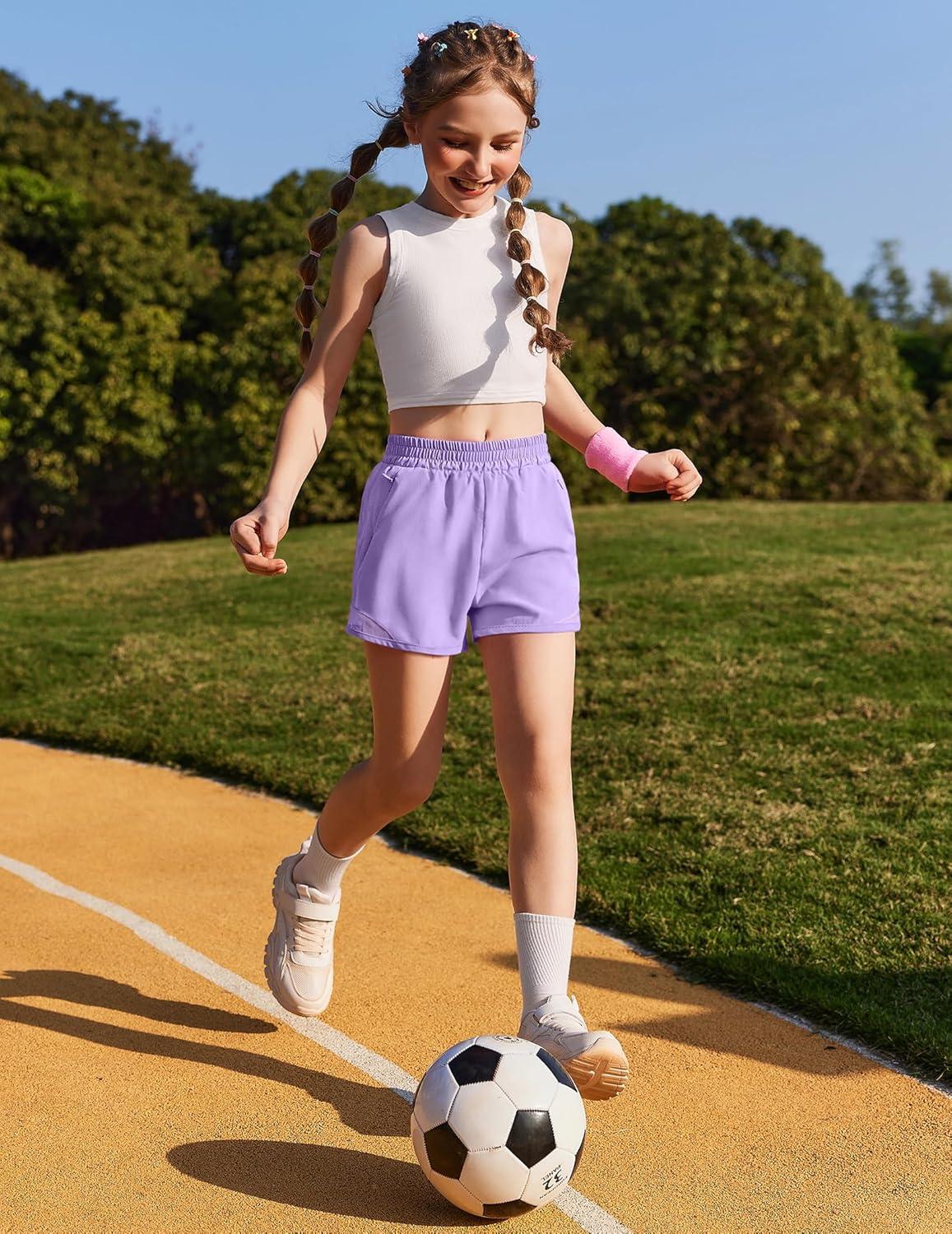 image:imageZaclotre Girls Athletic Shorts with Zipper Pockets High Waisted Running Shorts with Liner for Kids Active Sports SoccerLavender