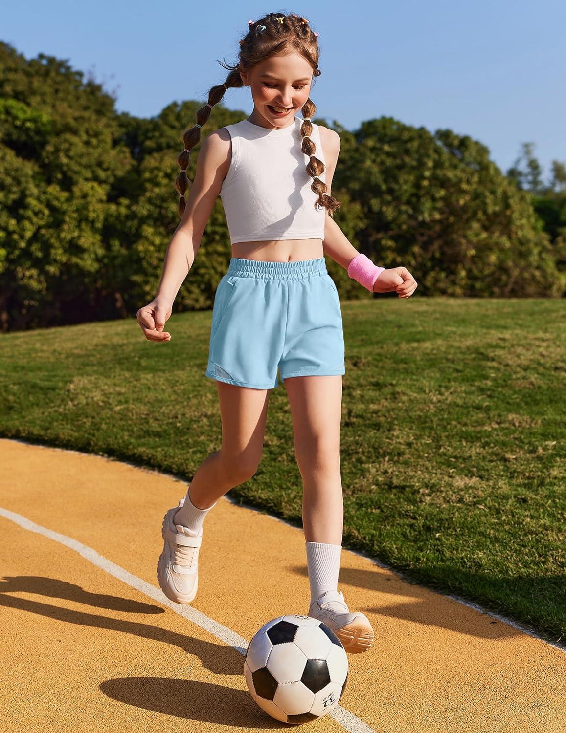 image:imageZaclotre Girls Athletic Shorts with Zipper Pockets High Waisted Running Shorts with Liner for Kids Active Sports SoccerLight Blue