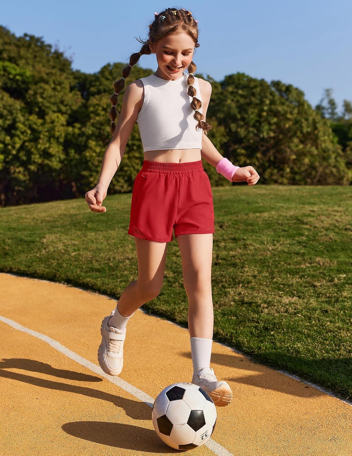 image:imageZaclotre Girls Athletic Shorts with Zipper Pockets High Waisted Running Shorts with Liner for Kids Active Sports SoccerRed