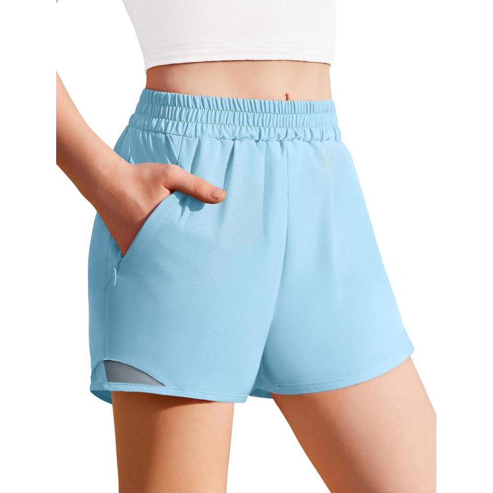 image:imageZaclotre Girls Athletic Shorts with Zipper Pockets High Waisted Running Shorts with Liner for Kids Active Sports SoccerLight Blue