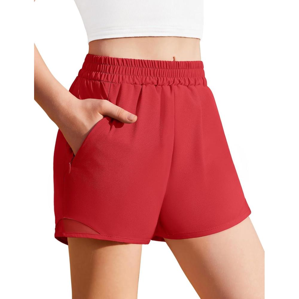 image:imageZaclotre Girls Athletic Shorts with Zipper Pockets High Waisted Running Shorts with Liner for Kids Active Sports SoccerRed