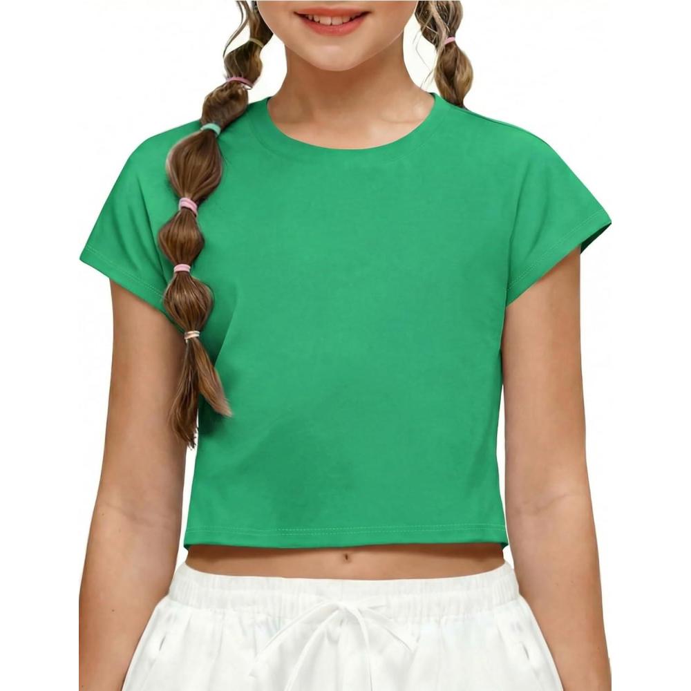 image:imageZaclotre Girls Crop Tops Batwing Short Sleeve T Shirt Quick Dry Drop Shoulder Basic Tees Workout Athletic ShirtsGreen