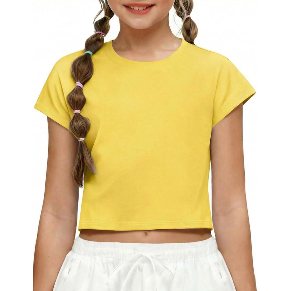 image:imageZaclotre Girls Crop Tops Batwing Short Sleeve T Shirt Quick Dry Drop Shoulder Basic Tees Workout Athletic ShirtsTurmeric