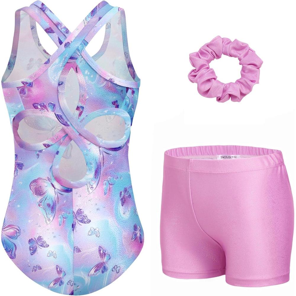 image:imageZaclotre Gymnastics Leotards for Girls Hollow Back Sparkly Sleeveless Dance Leotard Unitards with Gym Shorts ComboBlue Gradient Butterfly