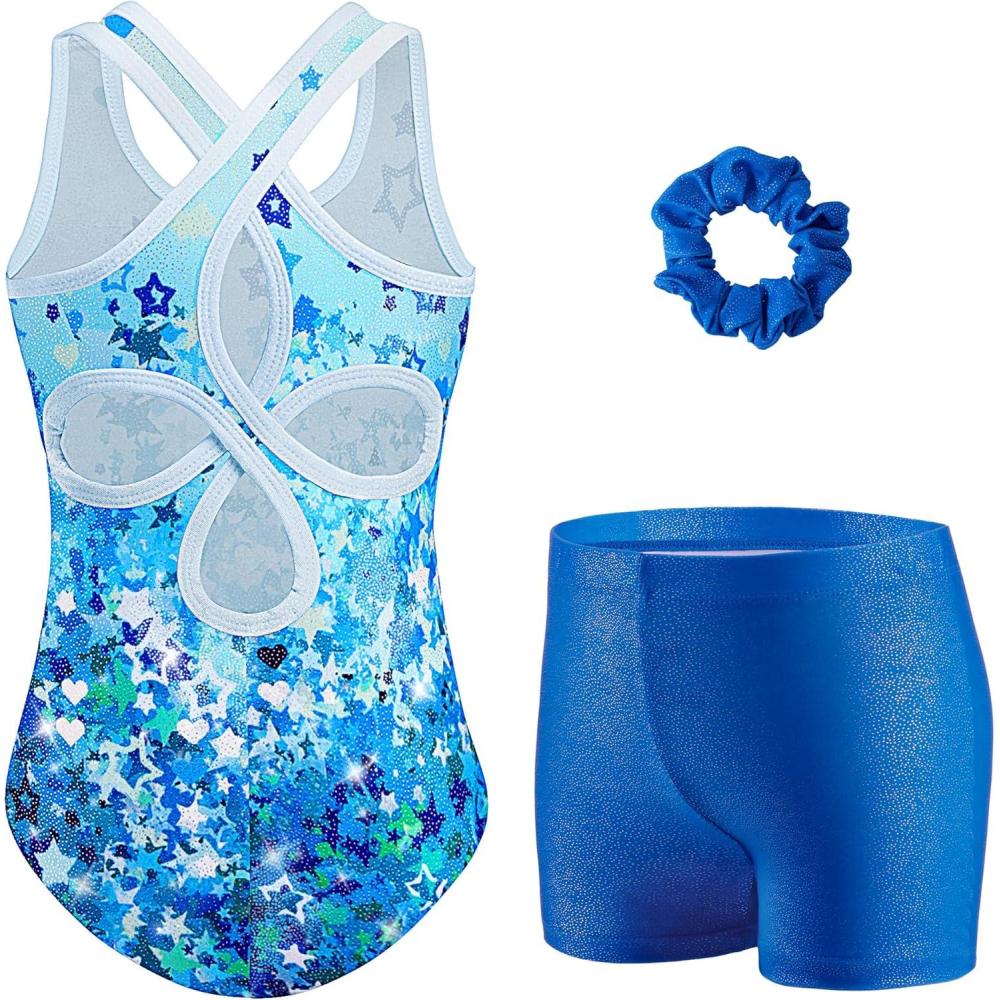 image:imageZaclotre Gymnastics Leotards for Girls Hollow Back Sparkly Sleeveless Dance Leotard Unitards with Gym Shorts ComboBlue Star