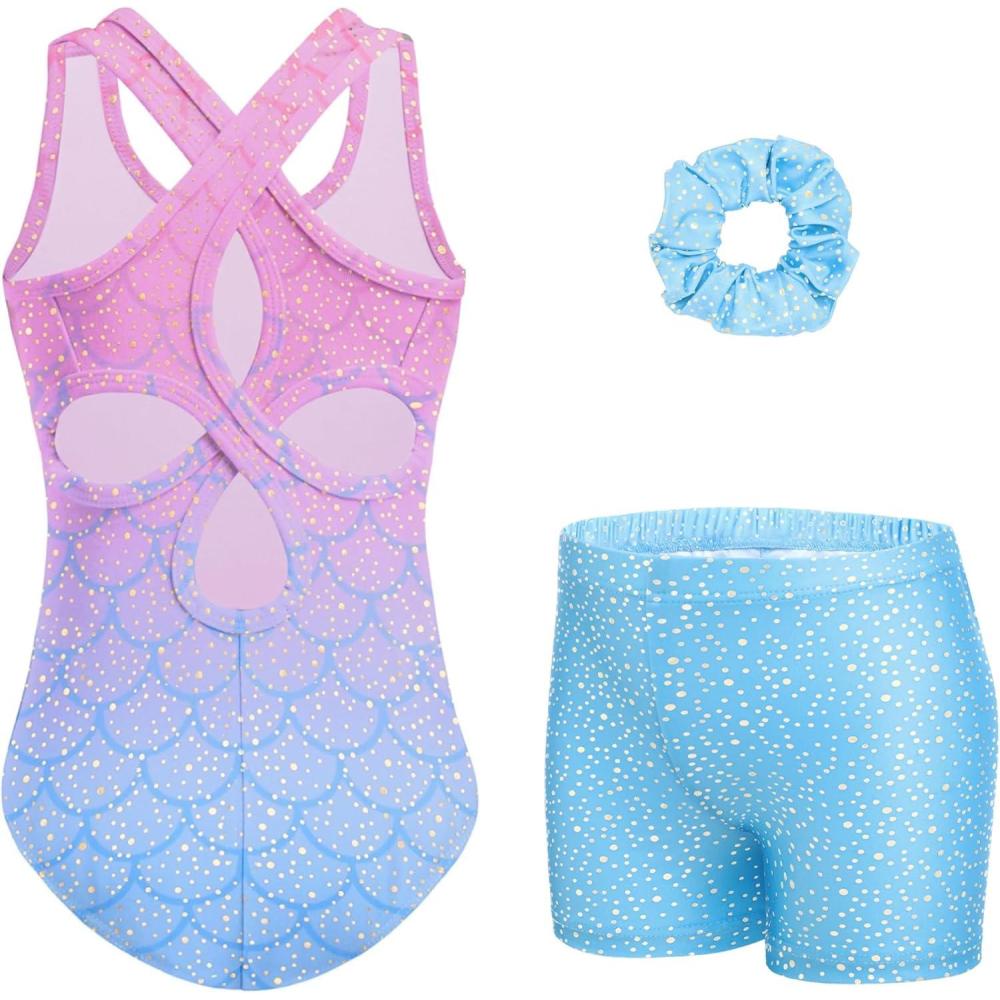 image:imageZaclotre Gymnastics Leotards for Girls Hollow Back Sparkly Sleeveless Dance Leotard Unitards with Gym Shorts ComboMermaid