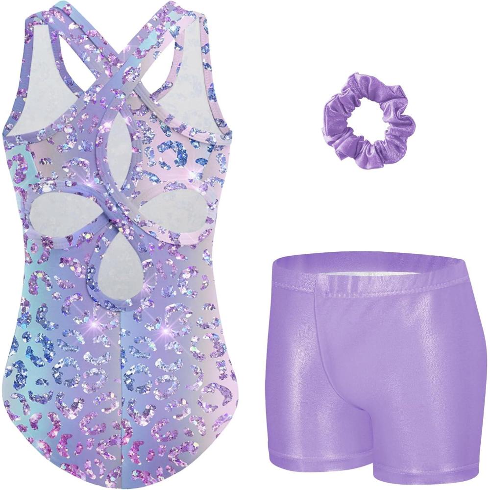 image:imageZaclotre Gymnastics Leotards for Girls Hollow Back Sparkly Sleeveless Dance Leotard Unitards with Gym Shorts ComboPurple Gradient Leopard