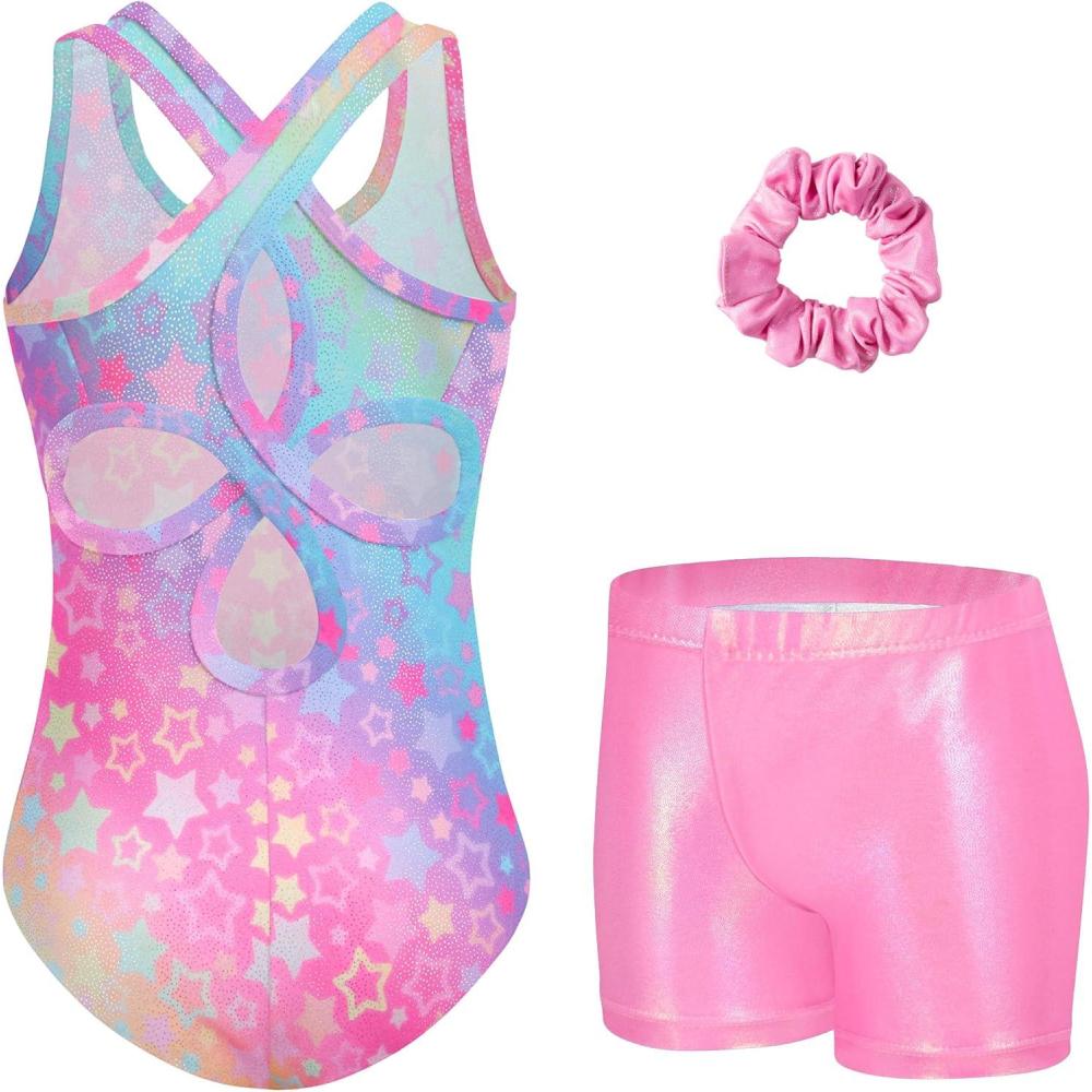 image:imageZaclotre Gymnastics Leotards for Girls Hollow Back Sparkly Sleeveless Dance Leotard Unitards with Gym Shorts ComboRainbow Star