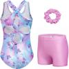 Zaclotre Gymnastics Leotards for Girls Hollow Back Sparkly Sleeveless Dance Leotard Unitards with Gym Shorts Combo(Blue Gradient Butterfly)