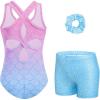 Zaclotre Gymnastics Leotards for Girls Hollow Back Sparkly Sleeveless Dance Leotard Unitards with Gym Shorts Combo(Mermaid)