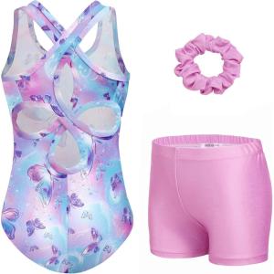 Zaclotre Gymnastics Leotards for Girls Hollow Back Sparkly Sleeveless Dance Leotard Unitards with Gym Shorts Combo(Blue Gradient Butterfly)