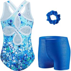Zaclotre Gymnastics Leotards for Girls Hollow Back Sparkly Sleeveless Dance Leotard Unitards with Gym Shorts Combo(Blue Star)