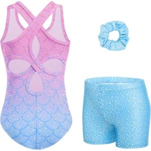 Zaclotre Gymnastics Leotards for Girls Hollow Back Sparkly Sleeveless Dance Leotard Unitards with Gym Shorts Combo(Mermaid)