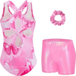 Zaclotre Gymnastics Leotards for Girls Hollow Back Sparkly Sleeveless Dance Leotard Unitards with Gym Shorts Combo(Pink Gradient Butterfly)