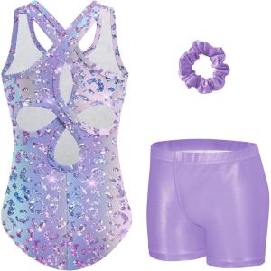 Zaclotre Gymnastics Leotards for Girls Hollow Back Sparkly Sleeveless Dance Leotard Unitards with Gym Shorts Combo(Purple Gradient Leopard)