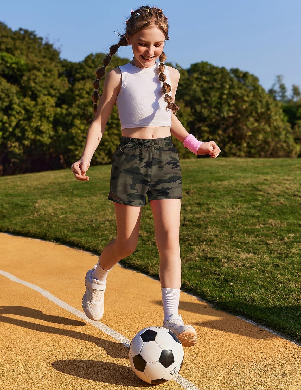 image:imageZaclotre Girls Athletic Shorts with Zipper Pockets High Waisted Running Shorts with Liner for Kids Active Sports SoccerCamouflage