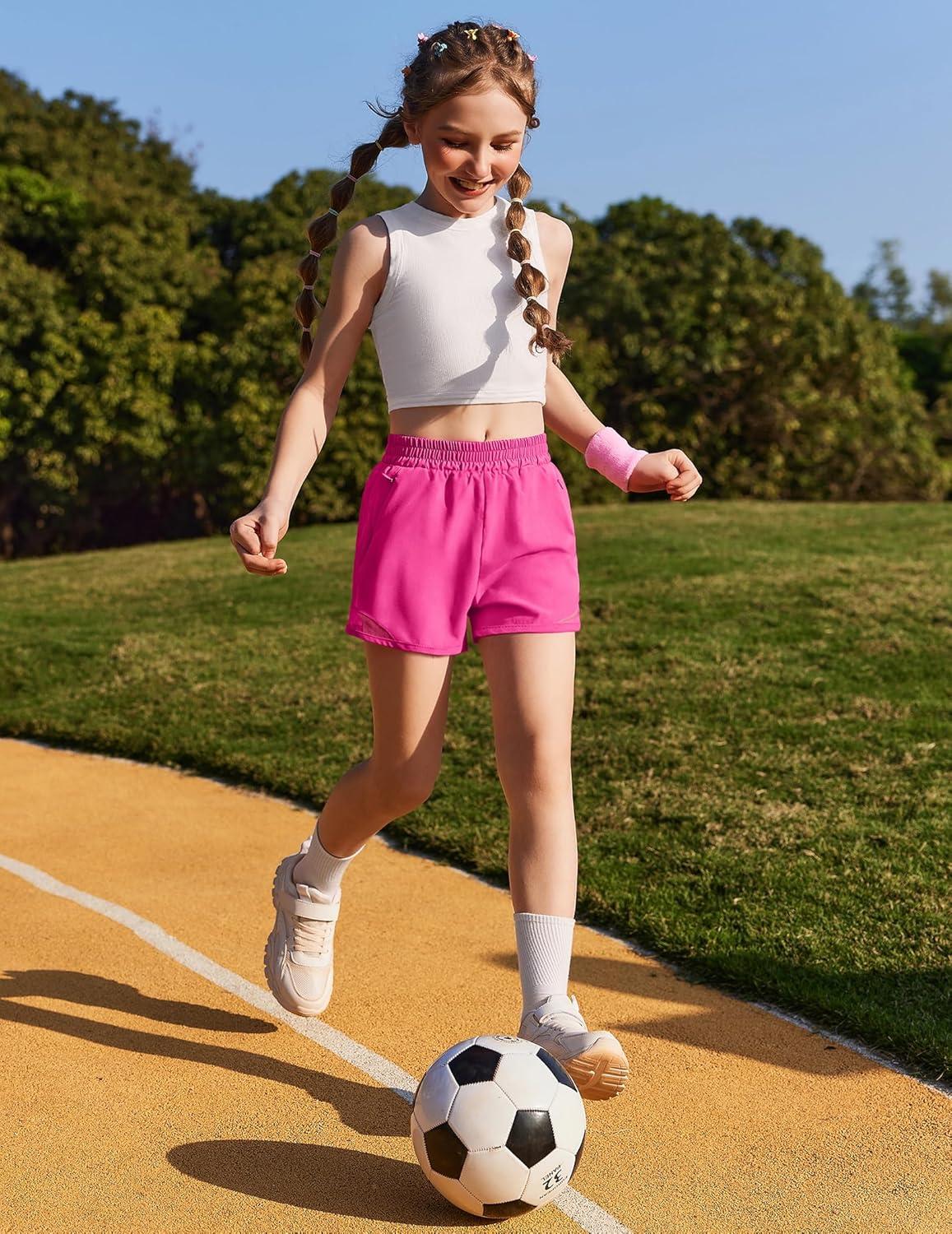 image:imageZaclotre Girls Athletic Shorts with Zipper Pockets High Waisted Running Shorts with Liner for Kids Active Sports SoccerHot Pink