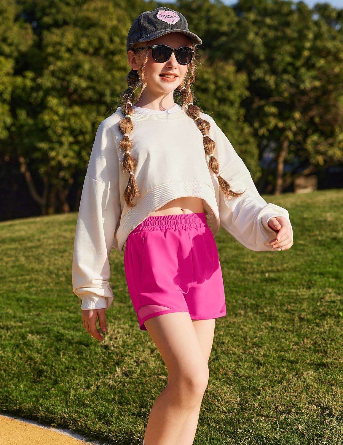 image:imageZaclotre Girls Athletic Shorts with Zipper Pockets High Waisted Running Shorts with Liner for Kids Active Sports SoccerHot Pink