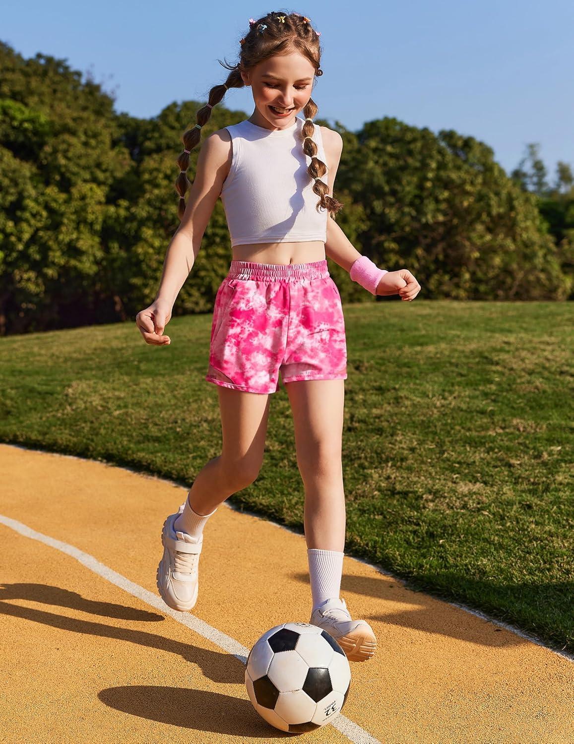 image:imageZaclotre Girls Athletic Shorts with Zipper Pockets High Waisted Running Shorts with Liner for Kids Active Sports SoccerPink Tie Dye