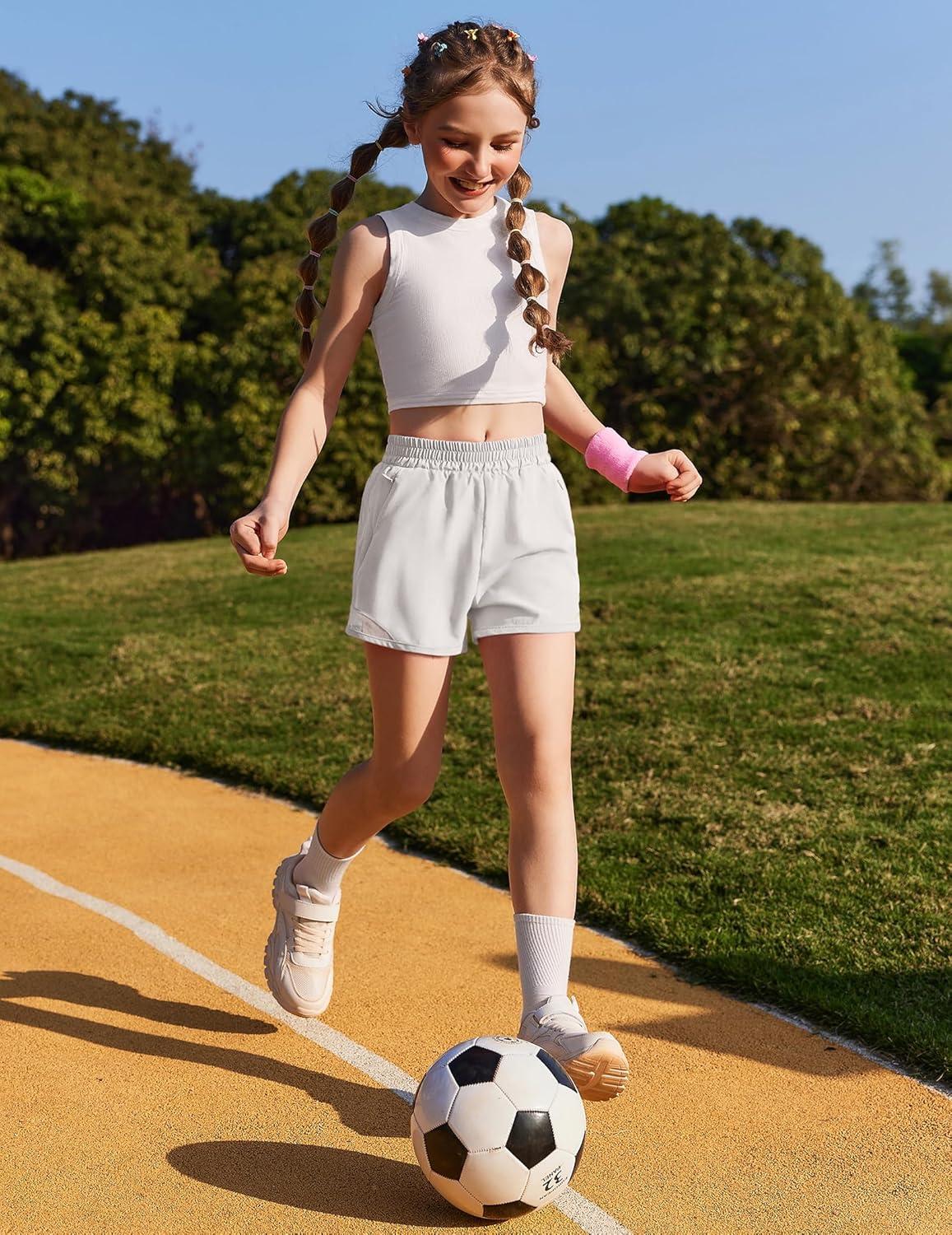 image:imageZaclotre Girls Athletic Shorts with Zipper Pockets High Waisted Running Shorts with Liner for Kids Active Sports SoccerWhite