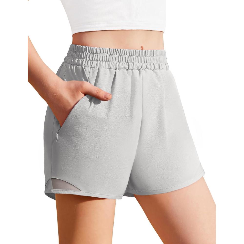 image:imageZaclotre Girls Athletic Shorts with Zipper Pockets High Waisted Running Shorts with Liner for Kids Active Sports SoccerLight Gray
