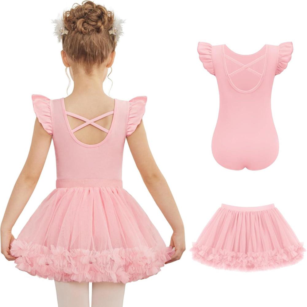 image:imageZaclotre Girls Ballet Leotards Toddler Ruffle Sleeve Crisscross Back Tutu Dance Dress Outfit with Removable Skirt ComboBallet Pink