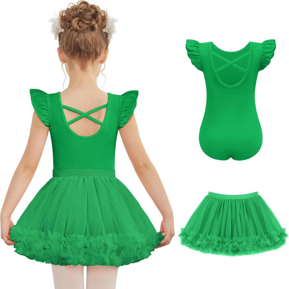 image:imageZaclotre Girls Ballet Leotards Toddler Ruffle Sleeve Crisscross Back Tutu Dance Dress Outfit with Removable Skirt ComboGreen