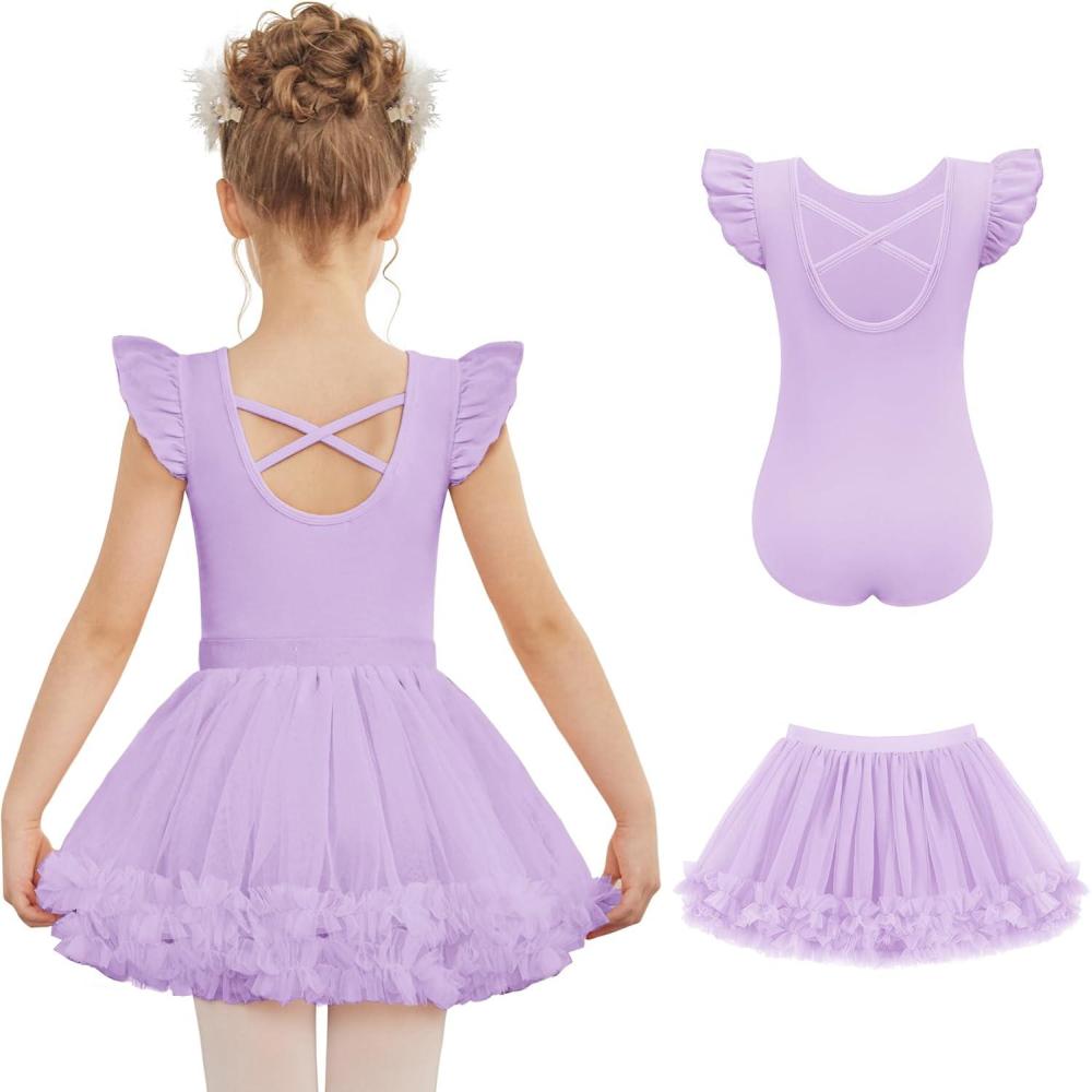 image:imageZaclotre Girls Ballet Leotards Toddler Ruffle Sleeve Crisscross Back Tutu Dance Dress Outfit with Removable Skirt ComboLavender