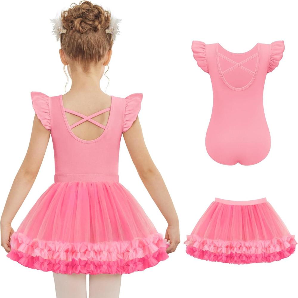 image:imageZaclotre Girls Ballet Leotards Toddler Ruffle Sleeve Crisscross Back Tutu Dance Dress Outfit with Removable Skirt ComboPink
