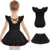 Zaclotre Girls Ballet Leotards Toddler Ruffle Sleeve Crisscross Back Tutu Dance Dress Outfit with Removable Skirt Combo(Black)