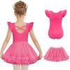 Zaclotre Girls Ballet Leotards Toddler Ruffle Sleeve Crisscross Back Tutu Dance Dress Outfit with Removable Skirt Combo(Hot Pink)