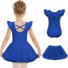 Zaclotre Girls Ballet Leotards Toddler Ruffle Sleeve Crisscross Back Tutu Dance Dress Outfit with Removable Skirt Combo(Royal Blue)