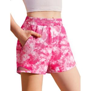 Zaclotre Girls Athletic Shorts with Zipper Pockets High Waisted Running Shorts with Liner for Kids Active Sports Soccer(Pink Tie Dye)