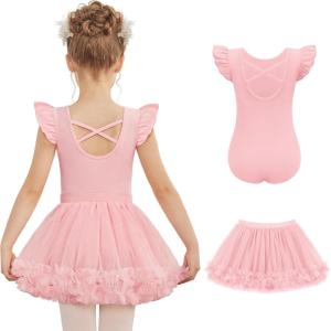Zaclotre Girls Ballet Leotards Toddler Ruffle Sleeve Crisscross Back Tutu Dance Dress Outfit with Removable Skirt Combo(Ballet Pink)