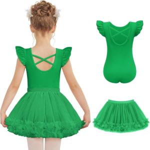 Zaclotre Girls Ballet Leotards Toddler Ruffle Sleeve Crisscross Back Tutu Dance Dress Outfit with Removable Skirt Combo(Green)