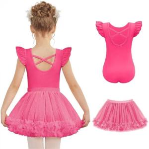 Zaclotre Girls Ballet Leotards Toddler Ruffle Sleeve Crisscross Back Tutu Dance Dress Outfit with Removable Skirt Combo(Hot Pink)