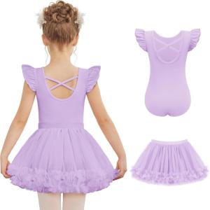 Zaclotre Girls Ballet Leotards Toddler Ruffle Sleeve Crisscross Back Tutu Dance Dress Outfit with Removable Skirt Combo(Lavender)