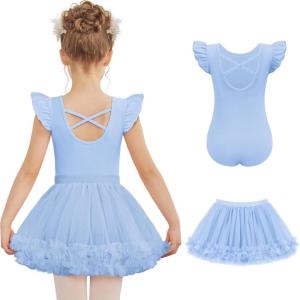 Zaclotre Girls Ballet Leotards Toddler Ruffle Sleeve Crisscross Back Tutu Dance Dress Outfit with Removable Skirt Combo(Light Blue)