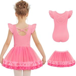 Zaclotre Girls Ballet Leotards Toddler Ruffle Sleeve Crisscross Back Tutu Dance Dress Outfit with Removable Skirt Combo(Pink)