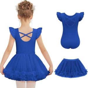 Zaclotre Girls Ballet Leotards Toddler Ruffle Sleeve Crisscross Back Tutu Dance Dress Outfit with Removable Skirt Combo(Royal Blue)