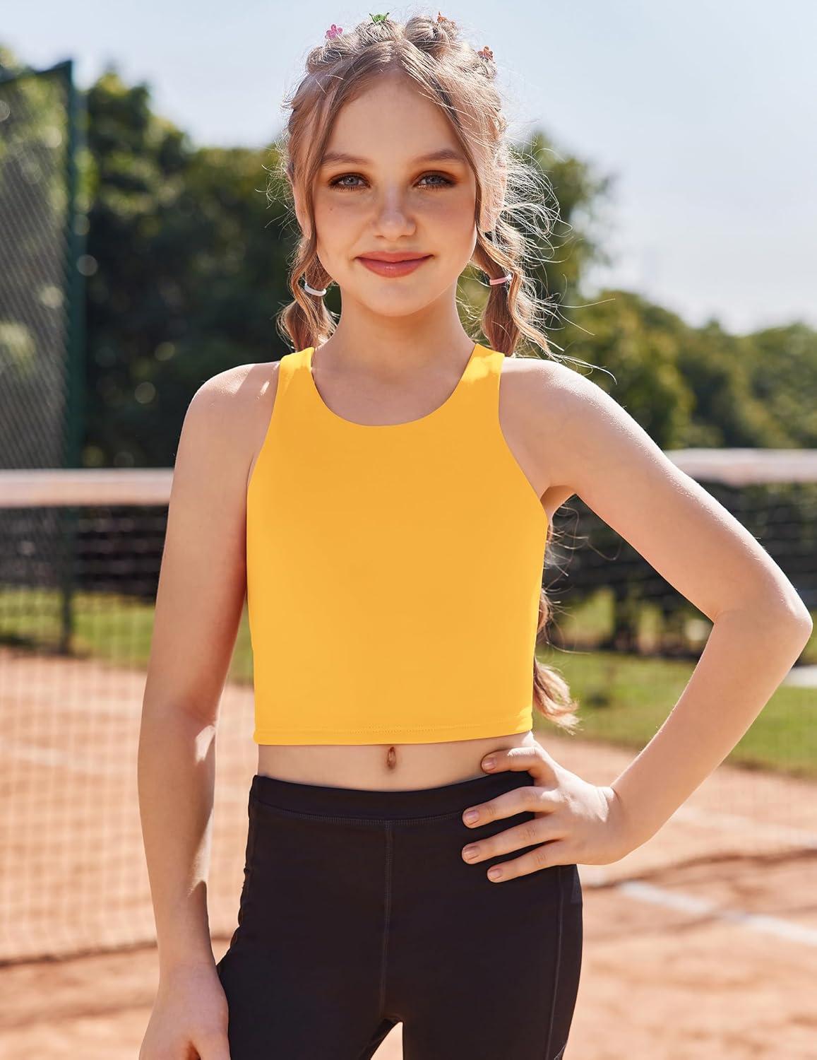 image:imageZaclotre Girls Tank Tops Sleeveless Racerback Crop Tops Double Lined Athletic Shirts for Dance Yoga Workout KidsYellow