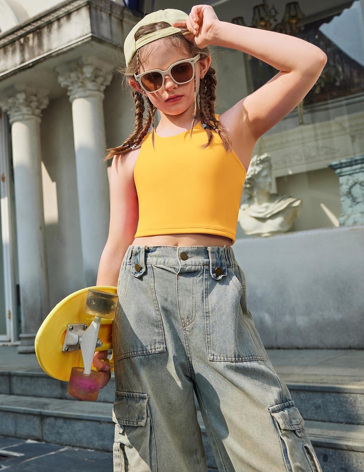 image:imageZaclotre Girls Tank Tops Sleeveless Racerback Crop Tops Double Lined Athletic Shirts for Dance Yoga Workout KidsYellow