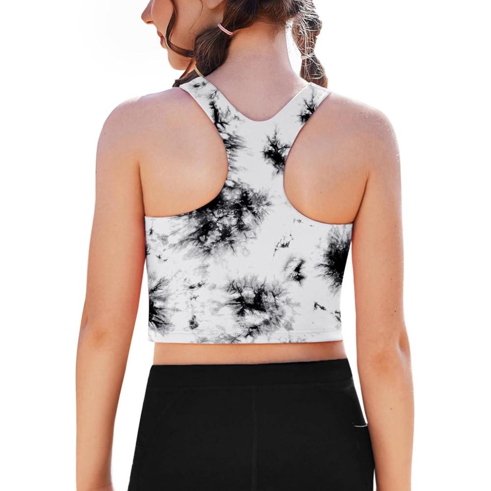 image:imageZaclotre Girls Tank Tops Sleeveless Racerback Crop Tops Double Lined Athletic Shirts for Dance Yoga Workout KidsBlack and White Tie Dye