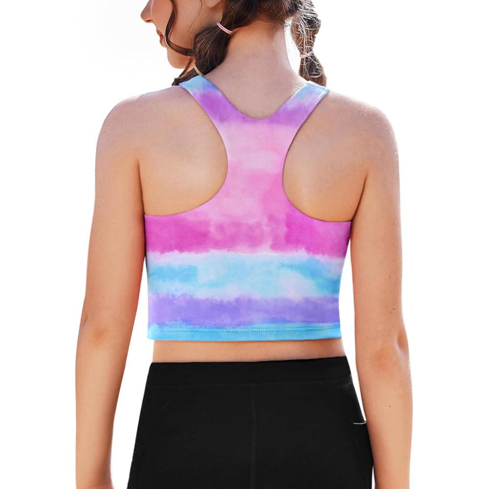 image:imageZaclotre Girls Tank Tops Sleeveless Racerback Crop Tops Double Lined Athletic Shirts for Dance Yoga Workout KidsPink and Blue Tie Dye