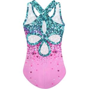 Zaclotre Ballet Leotards for Girls Hollow Back Sleeveless Dance Outfits Gymnastics Leotard Tank Bodysuit(Green & Pink)