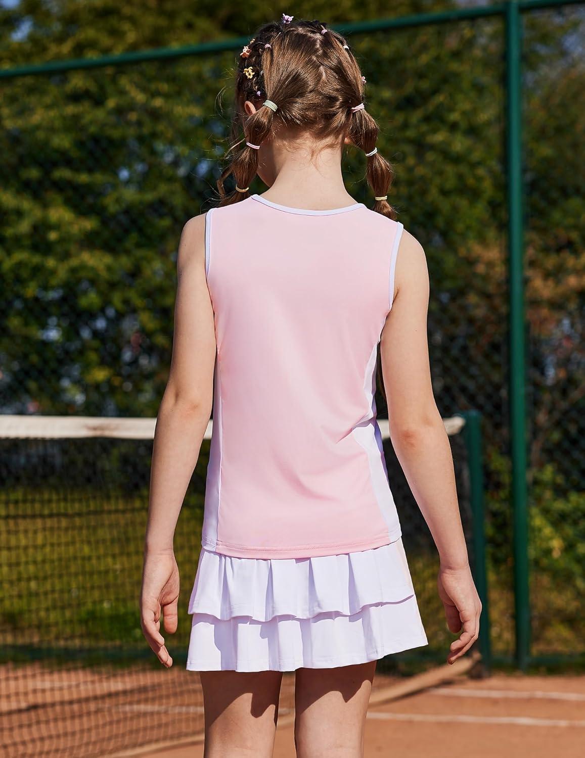 image:imageZaclotre Girls Tennis Dress with Shorts Sleeveless Athletic Tank Top and Skirt Sets 2 Piece Golf Outfit with PocketsLight Pink