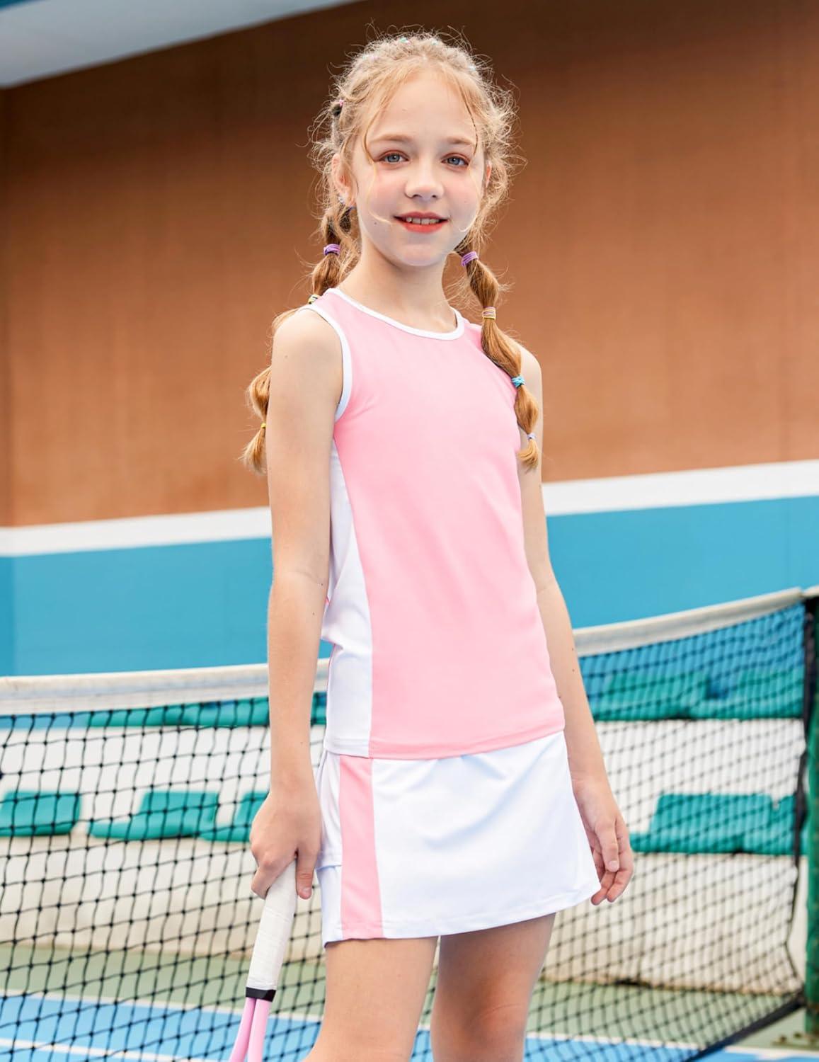 image:imageZaclotre Girls Tennis Dress with Shorts Sleeveless Athletic Tank Top and Skirt Sets 2 Piece Golf Outfit with PocketsLight Pink